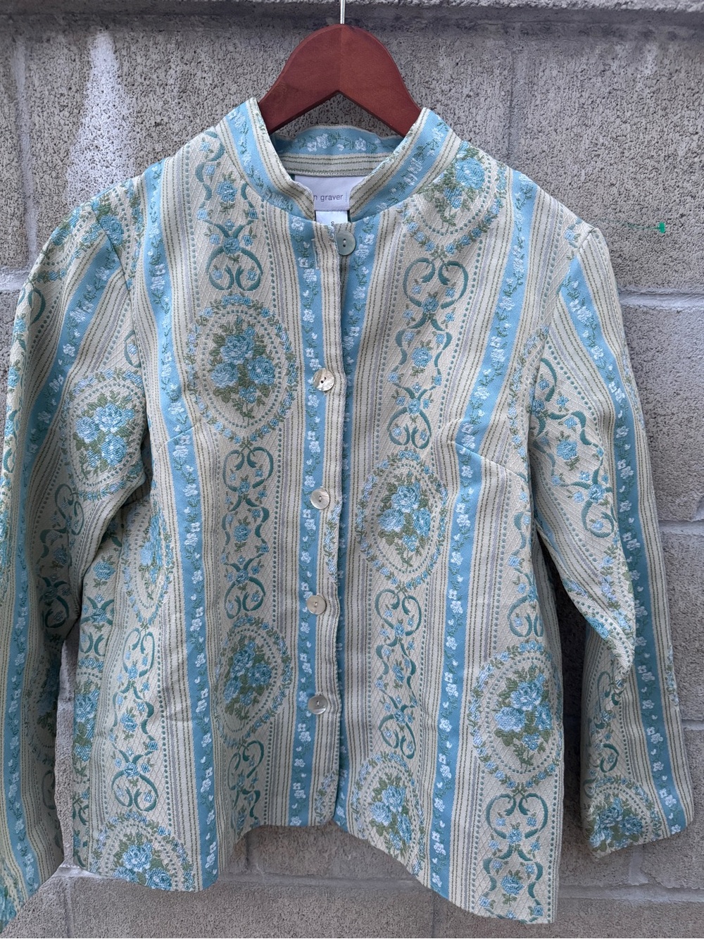 Susan Graver Blue and Cream Floral Brocade Vintage Jacket